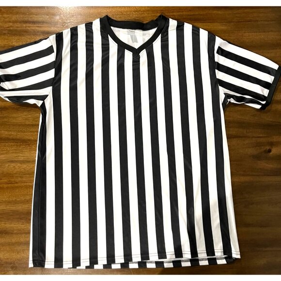 Black & White Striped Referee Shirt XL V-Neck Polyester Short Sleeve Sportswear - Picture 1 of 5